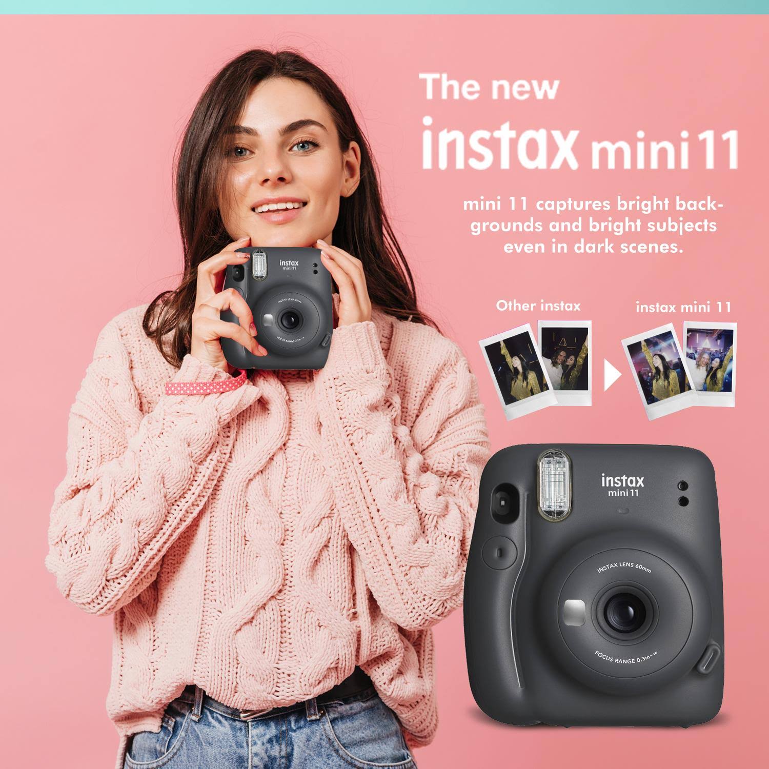 Fujifilm Instax Mini 11 Instant Film Camera (Charcoal Grey) + Accessory Bundle that Includes 5X Fujifilm Instax Mini Twin Film (