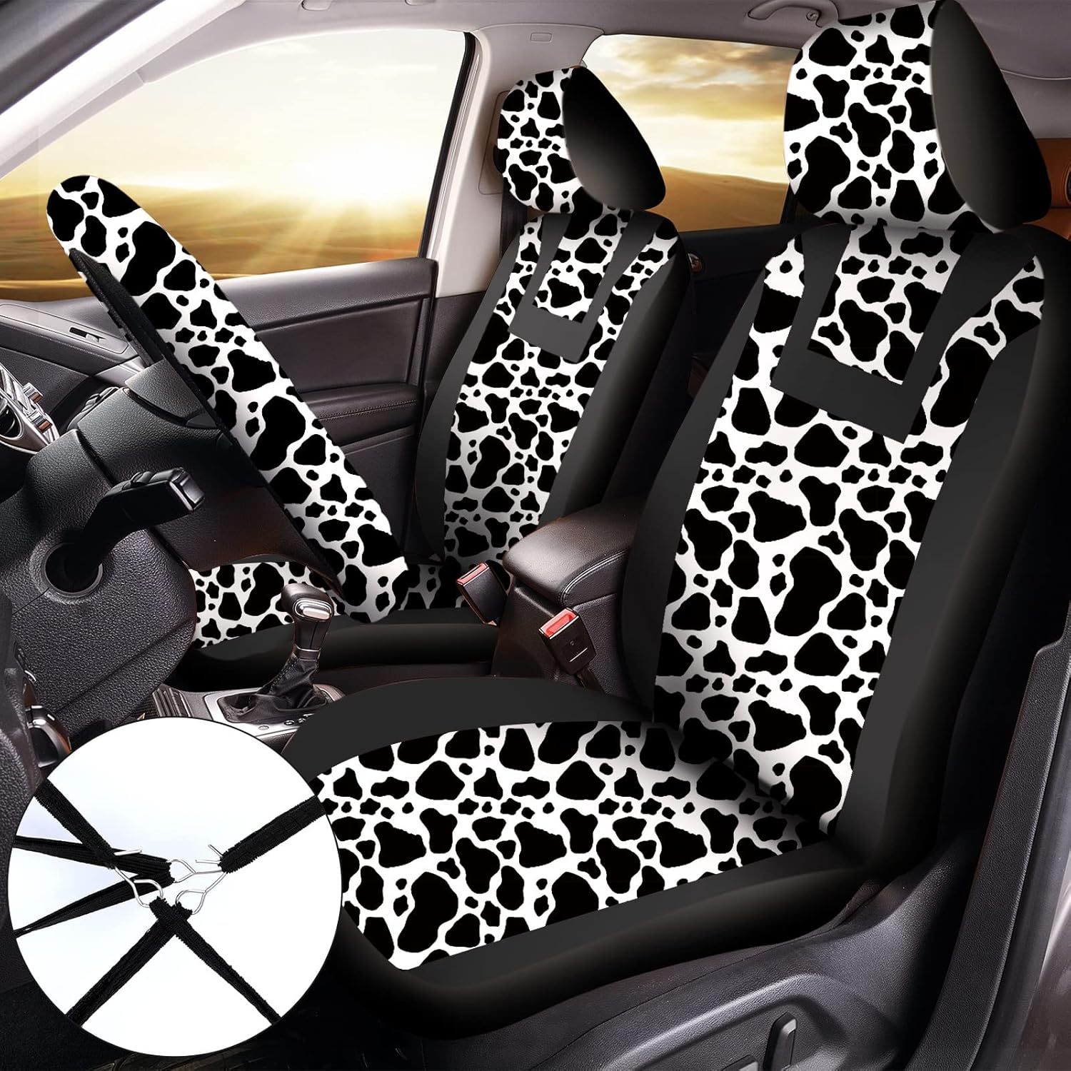 17 Pieces Cow Print Car Accessories Set, Includes Cow Seat Covers Set Steering Wheel Cover Car Coasters Armrest Pad Cover Seat Belt Pads Keychain and Wrist Strap for Car Decoration