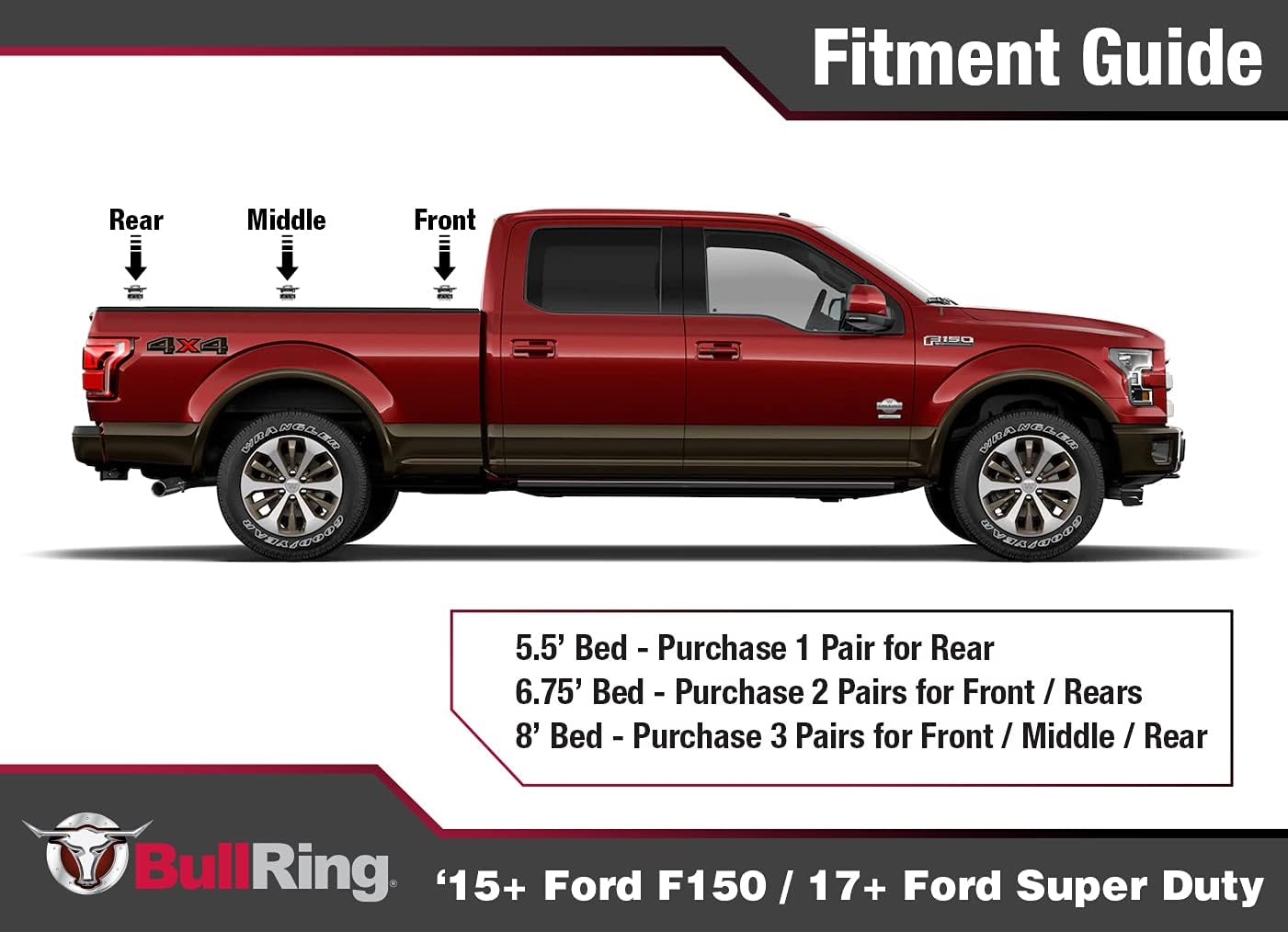 Bull Ring 4025 Flush Fit Retractable Truck Bed Tie Downs for '15-'21 Ford F150, 17-'21 Ford F250 & F350 Super Duty, 17-'21 Ford Raptor (2 Pairs)