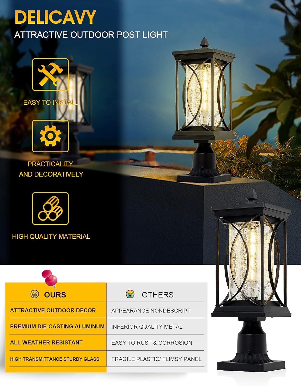 Modern Outdoor Post Lantern Exterior Light Fixtures Pillar Lamp with 3 Inch Pier Mount Adapter, Black Aluminum with Crackle Glass Outdoor Post Lights for Patio, Yard, Garden, Pathway