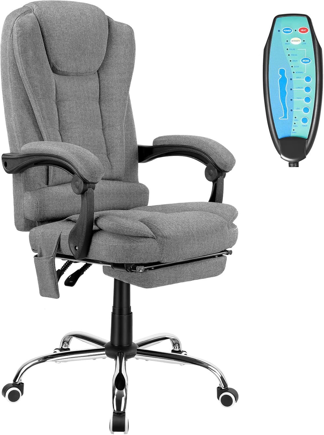 Massage Office Chair with Footrest, Heated Ergonomic Linen Fabric Computer Chair with Lumbar Support, Executive High Back Reclining Office Chair, Height Adjustable, Grey