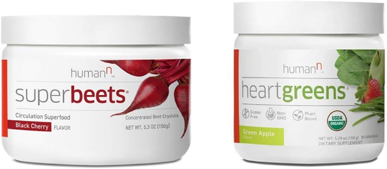 HumanN Superfood Heart Support Bundle | SuperBeets Circulation Superfood Concentrated Beet Powder Nitric Oxide Boosting with HeartGreens, SuperBeets Black Cherry + HeartGreens Bundle Set Pack of 2