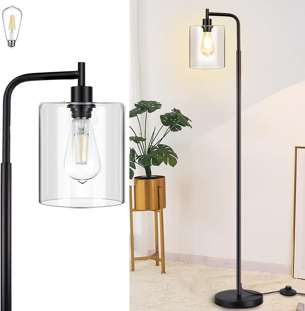 DLLT Floor Lamp, 64&rsquo;&rsquo; Modern Standing Industrial Lamp plug in, Black LED Floor Lamp with Glass Lampshade, Farmhouse Standing Tall Pole Lighting for Living Room Bedroom Reading, E26 Base, Bulb Included