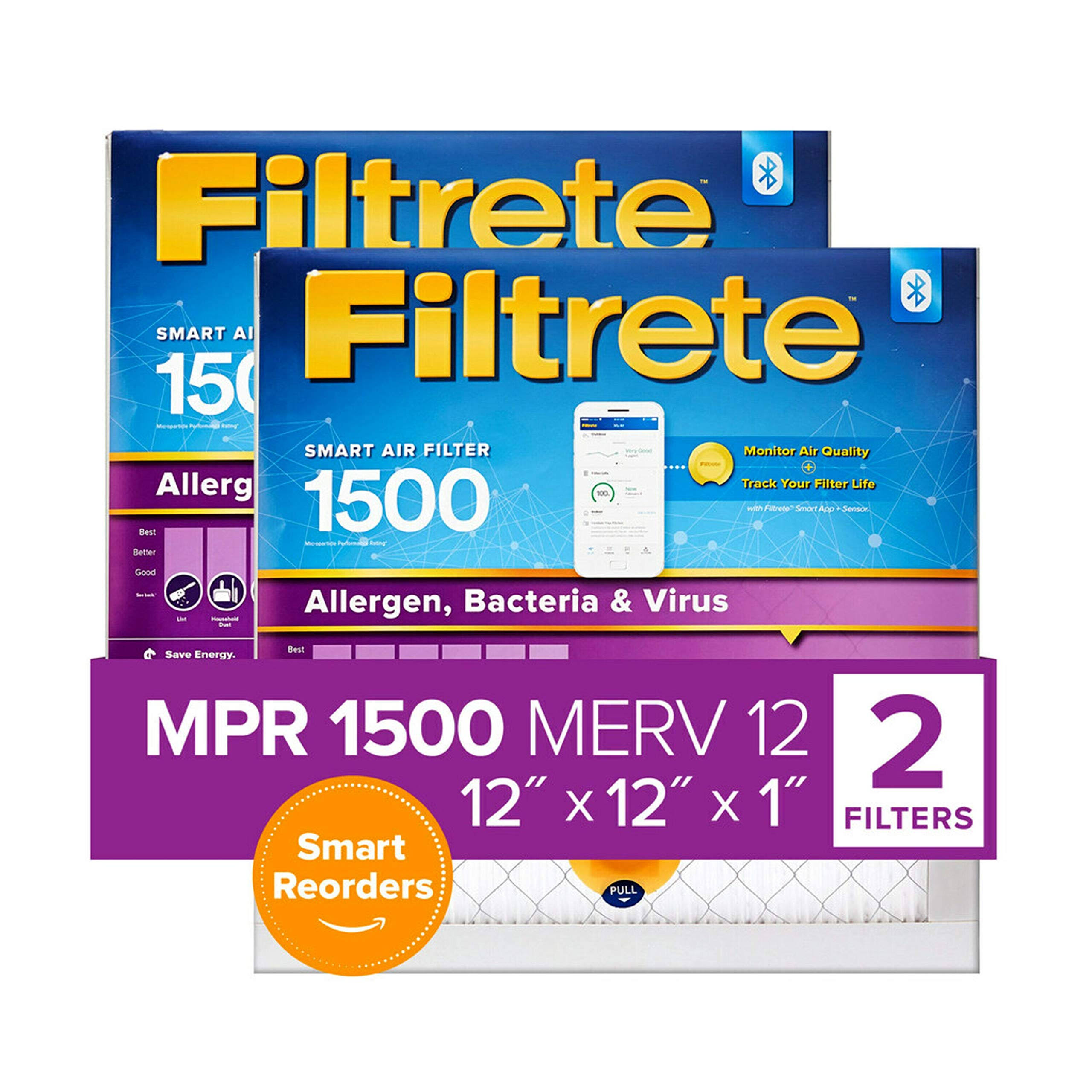 Filtrete 12x12x1 Smart Replenishable AC Furnace Air Filter, MPR 1500, Allergen, Bacteria u0026 Virus, 2-Pack