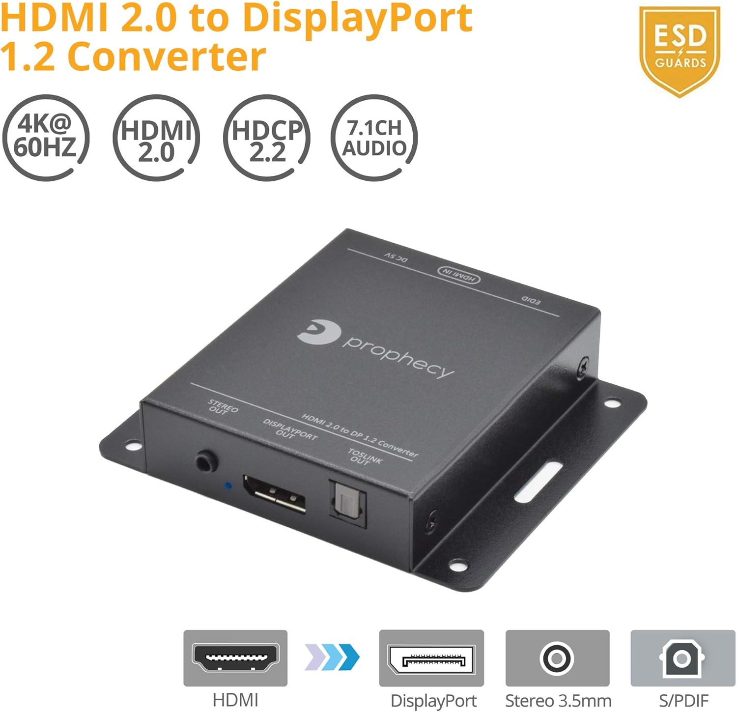 gofanco Prophecy HDMI 2.0 to DisplayPort 1.2 Converter (HDMI Source to DP Monitor) - 4K @60Hz 4:4:4 - HDCP 2.2/1.4 - Toslink and Stereo Audio Extractor, TAA Compliant (PRO-HD2DP)