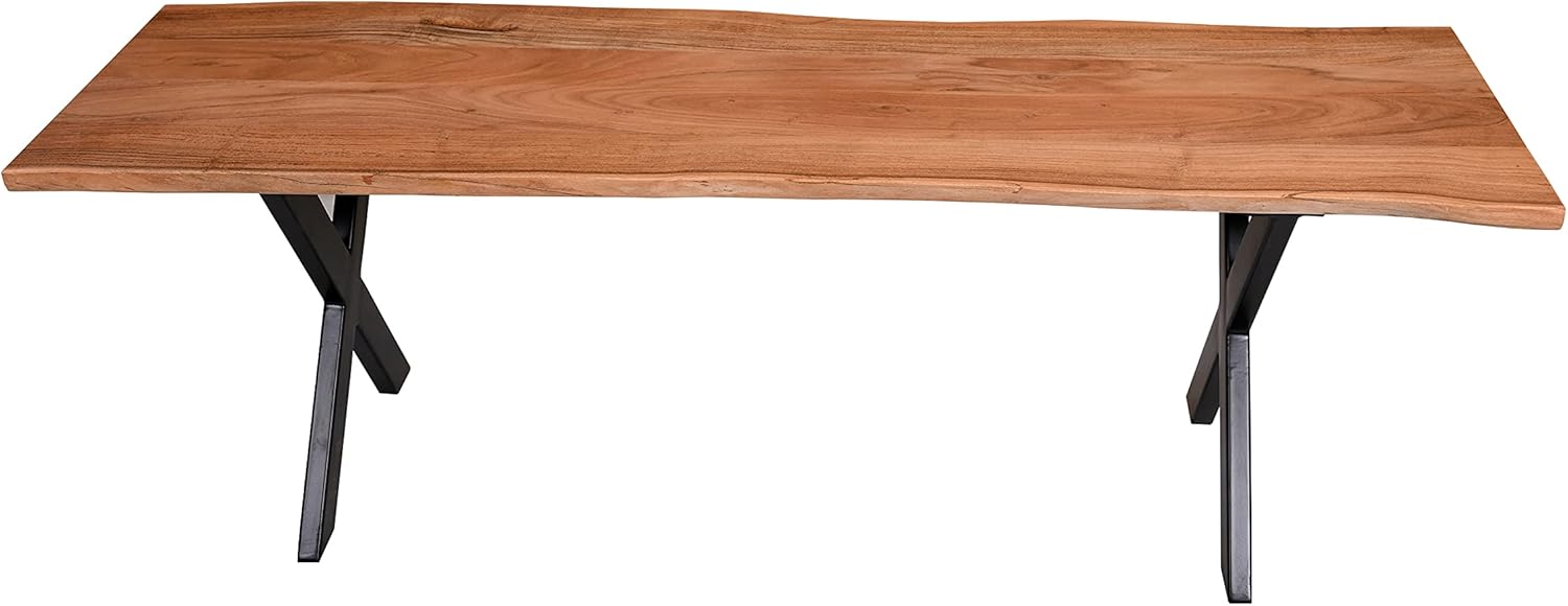 The Urban Port 55-Inch Wooden Industrial Rectangular Dining Bench with X-Base and Metal Legs, Brown and Black