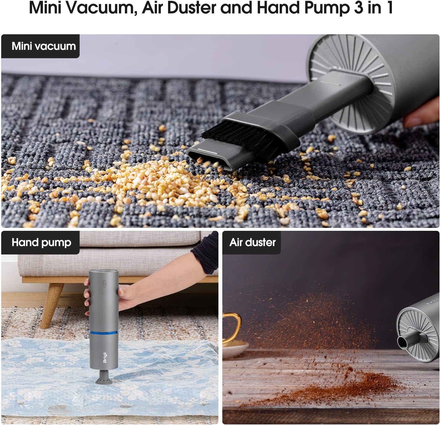 Brigii Mini Vacuum, Air Duster and Hand Pump 3 in 1, Small Cordless Handheld Vacuum, USB Rechargeable, Easy to Clean Desktop, Keyboard, Drawer, Car Interior and Other Crevices, Small Spaces -Y120 Pro Pack of 2