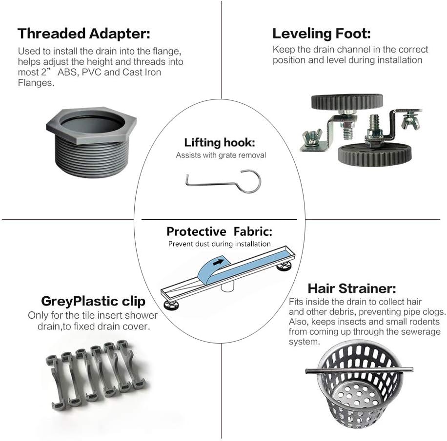 Neodrain 32-Inch Linear Shower Drain with Tile insert Grate,Professional Brushed 304 Stainless Steel Rectangle Shower Floor Drain Manufacturer,Floor Shower Drain With Leveling Feet, Hair Strainer Pack of 2