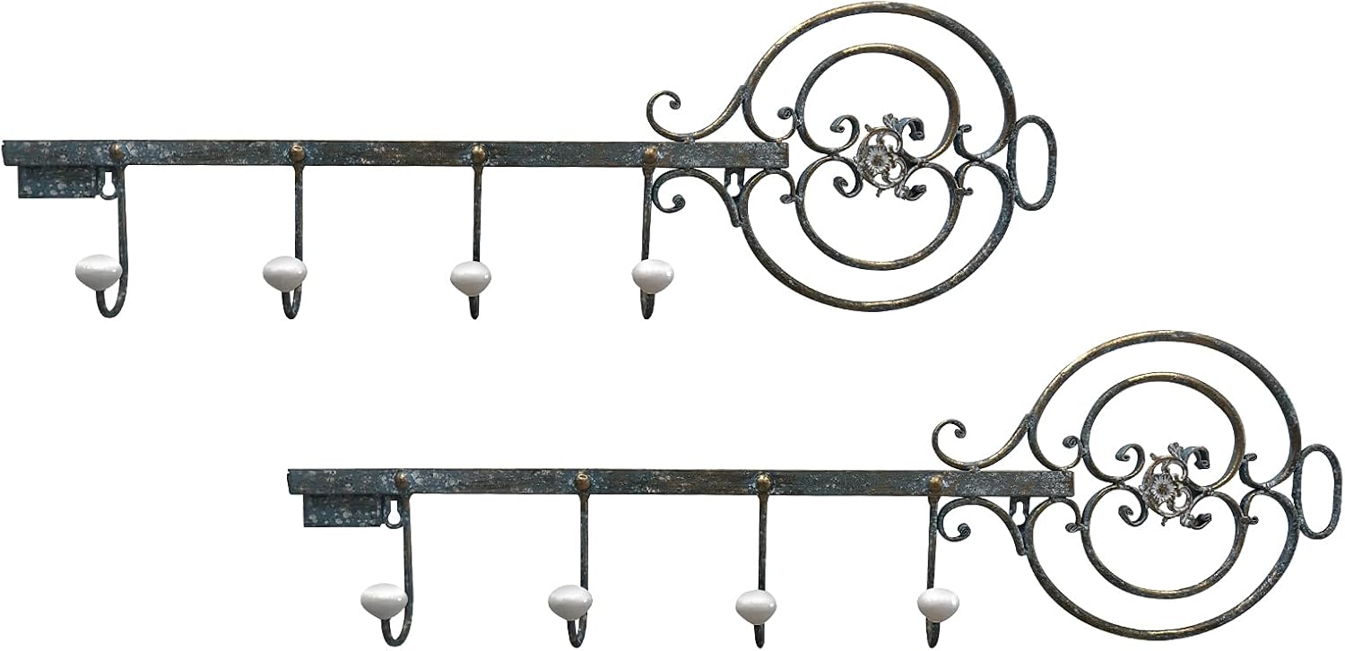 DAOYIJIAJU Wall Mounted Coat Rack Set of 2 Farmhouse Hook Rack Rustic Key Shape wit 4 Hooks Decorative Hanging Holder Pack of 2