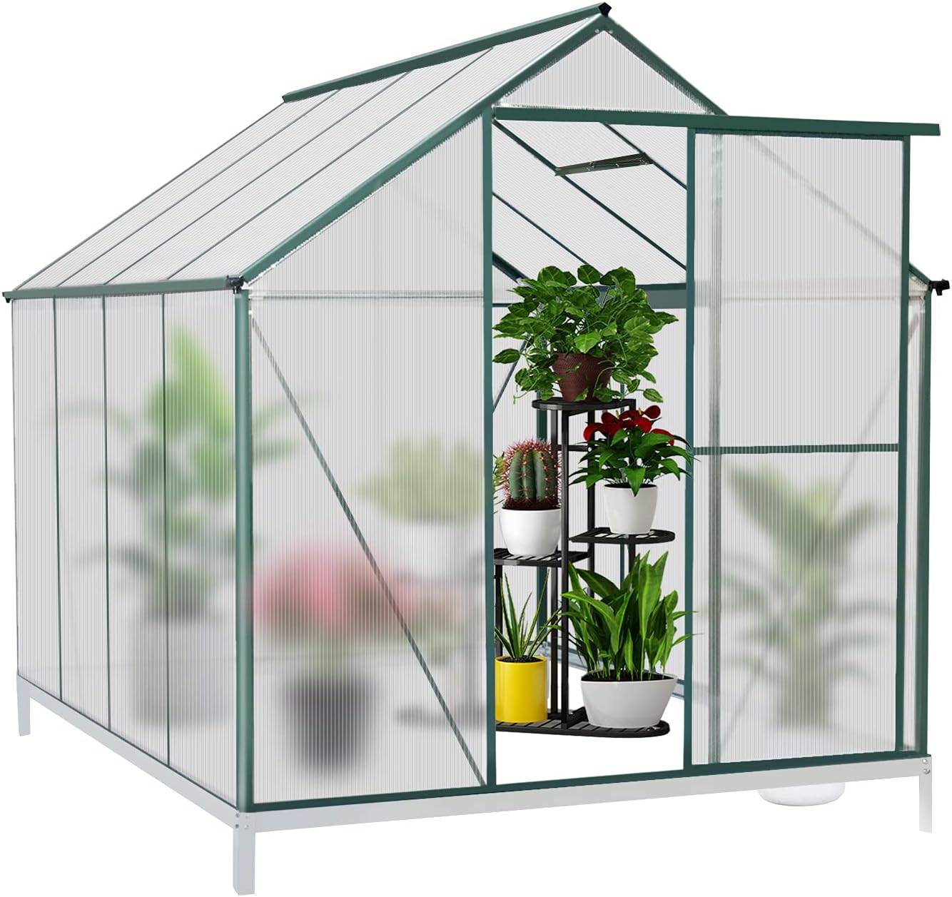 JULY'S SONG Greenhouse,Polycarbonate Hobby Greenhouse w/Sliding Door, Window Gutter for Winter,Heavy Duty Greenhouse Kit for Backyard/Outdoor Use (8' x 6')