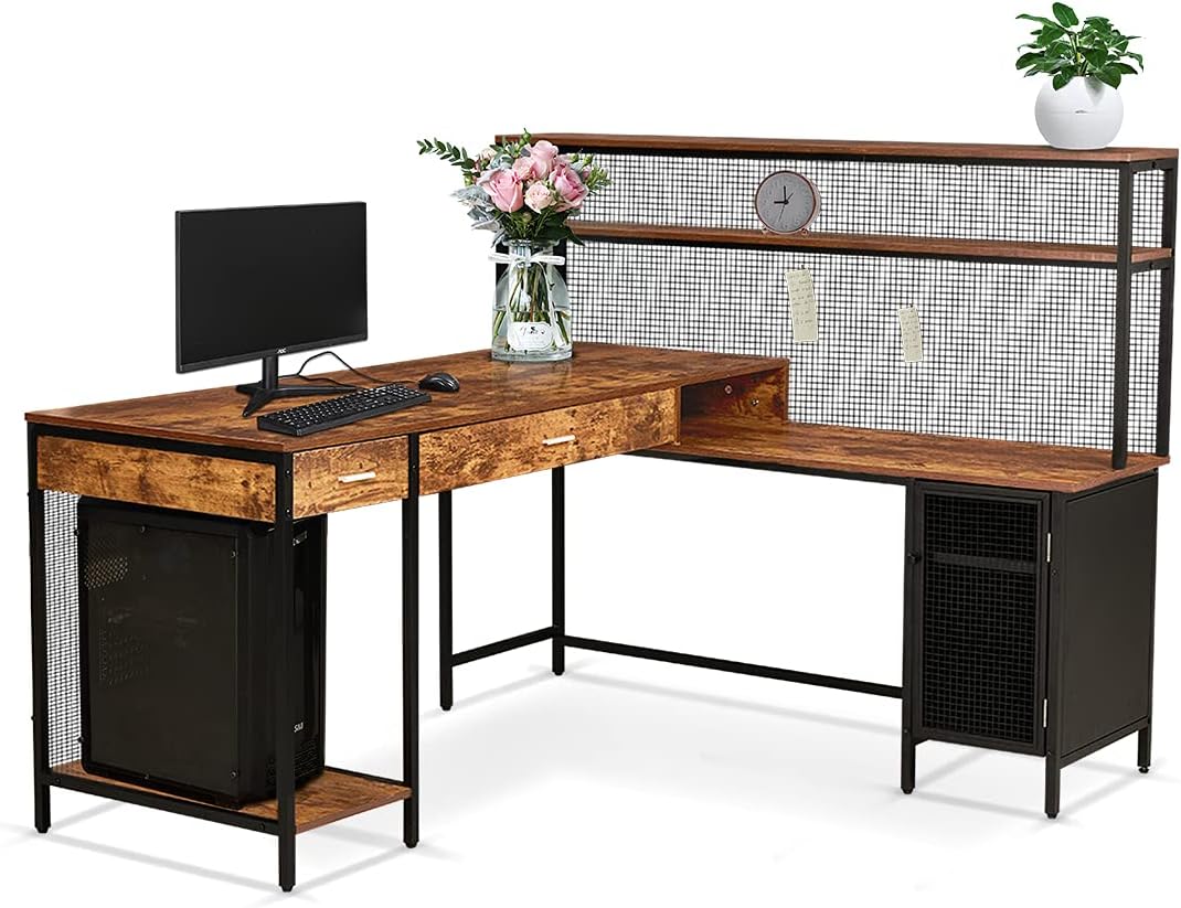 LIFEFAIR L-Shaped Desk with 2 Drawers Home Office Desk W/Storage Shelves, Industrial Style Corner Desk Double Computer Table Space-Saving (Light Brown)