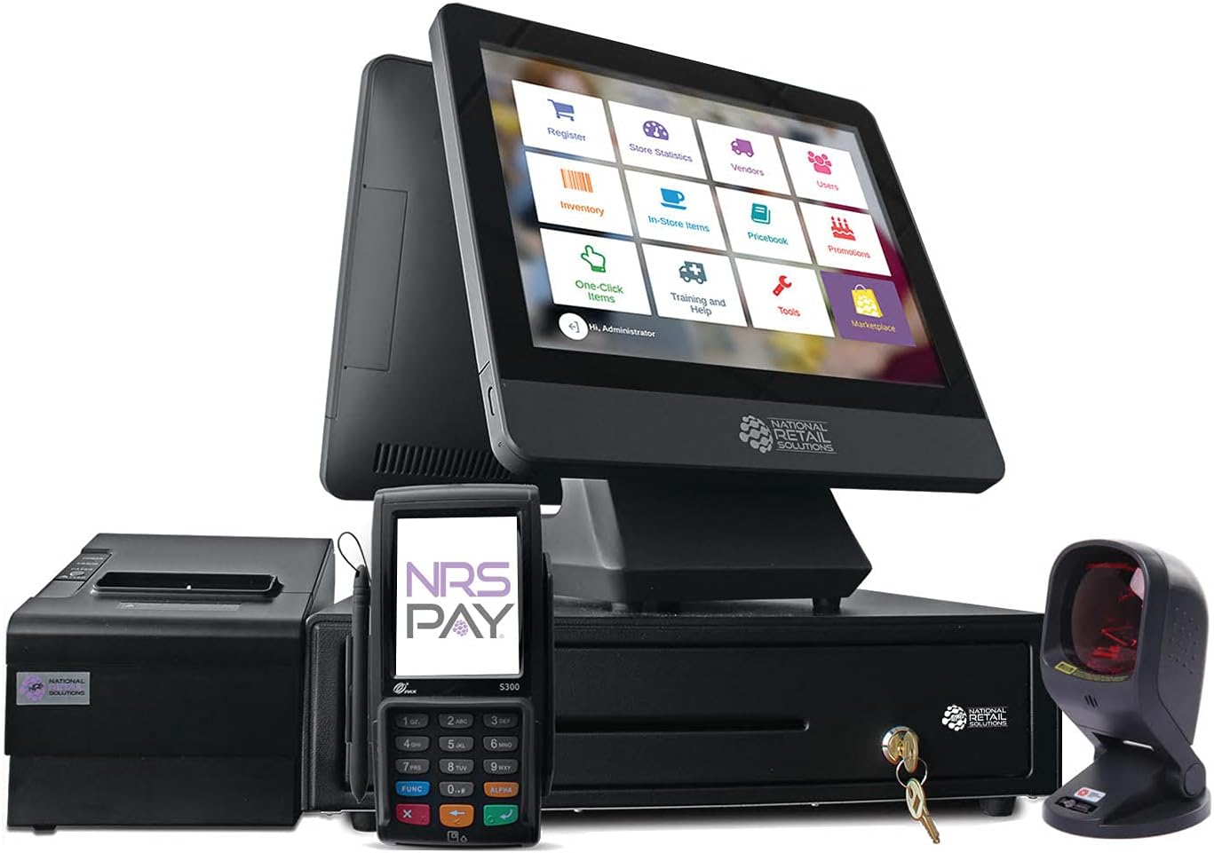 NRS Cash Register for Small Businesses (USA ONLY) - POS System with Touch Screen Monitor, Customer-Facing Display, Barcode Scanner, Cash Drawer and Receipt Printer - NRS Pay Locked-Model