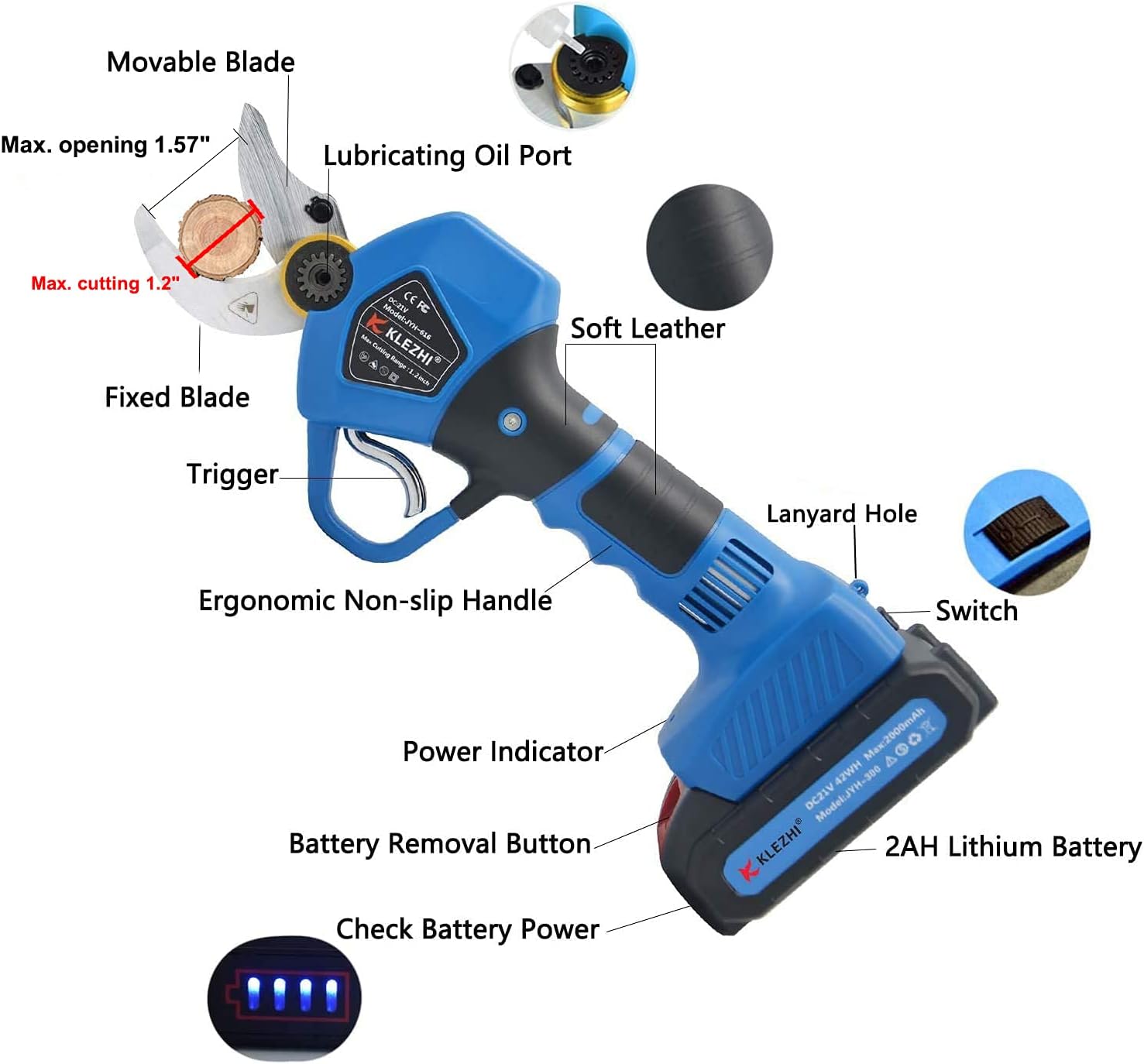 K KLEZHI Professional Cordless Electric Pruning Shears with 2 PCS Backup Rechargeable 2Ah Lithium Battery Powered Tree Branch Pruner, 30mm (1.2 Inch) Cutting Diameter, 6-8 Working Hours