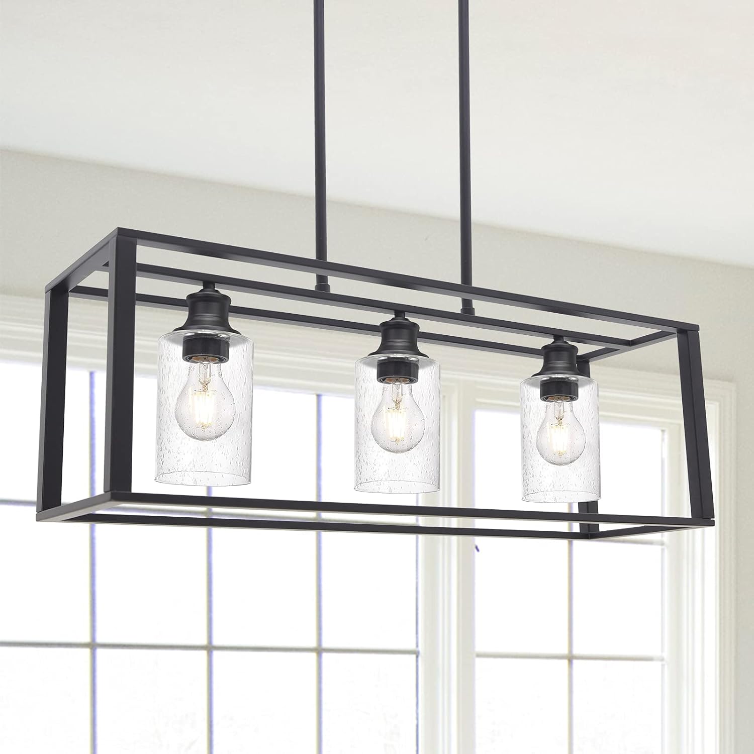 Wanluce 3-Light Farmhouse Modern Chandeliers, Rectangular Pendant Lighting for Kitchen Island, Living Room, Foyer, Dining Room Light Ceiling Fixture with Clear Glass Shade Black Rustic Finish