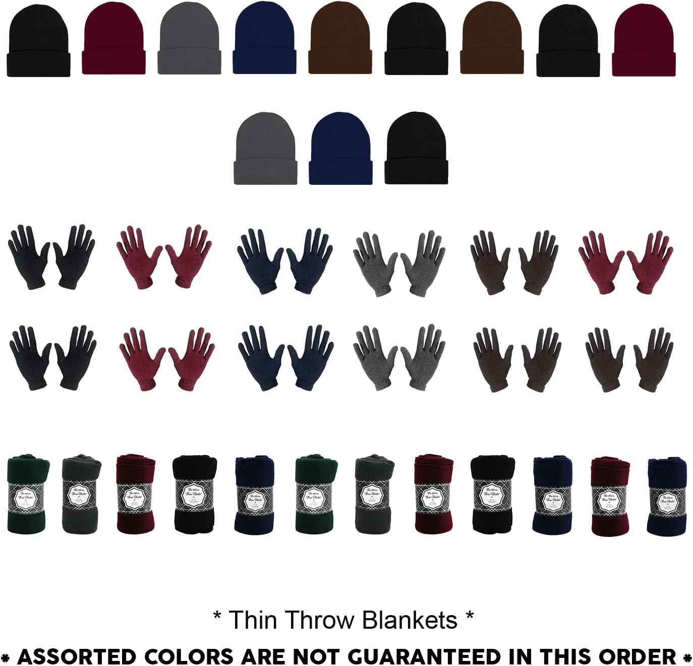 12 Winter Thin Throw Bulk Blankets, 12 Bulk Glove Pairs, 12 Wholesale Beanies - Homeless Care Packages