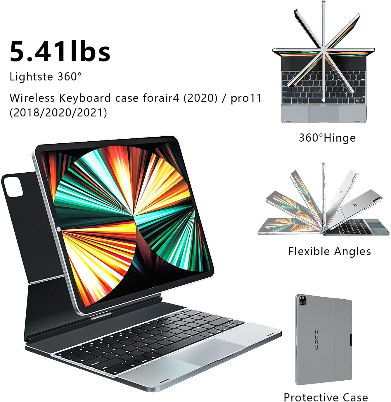 doqo Keyboard Case for ipad pro 12.9 with Touchpad, Magnetic Backlit Keyboard case for iPad Pro 2021 5th Generation/2020 4th-Gen/2018-3rd Gen, 360&deg; Rotatable Protective(Aluminum Alloy, Space Gray)