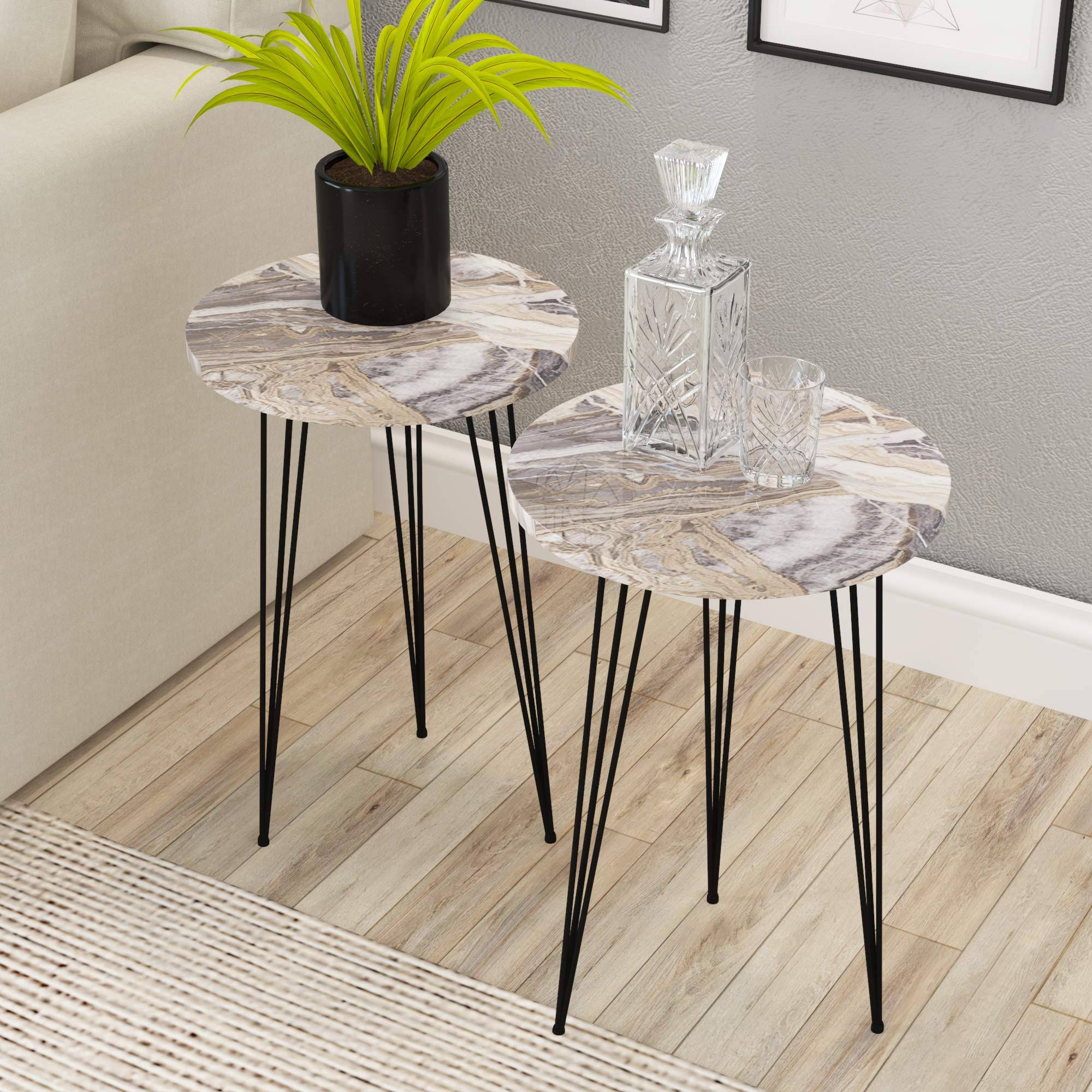 Set of 2 End Table - Pak Home Round Marble Look Wood Sofa Side Tables for Small Spaces, Nightstand Bedside Table with Metal Legs
