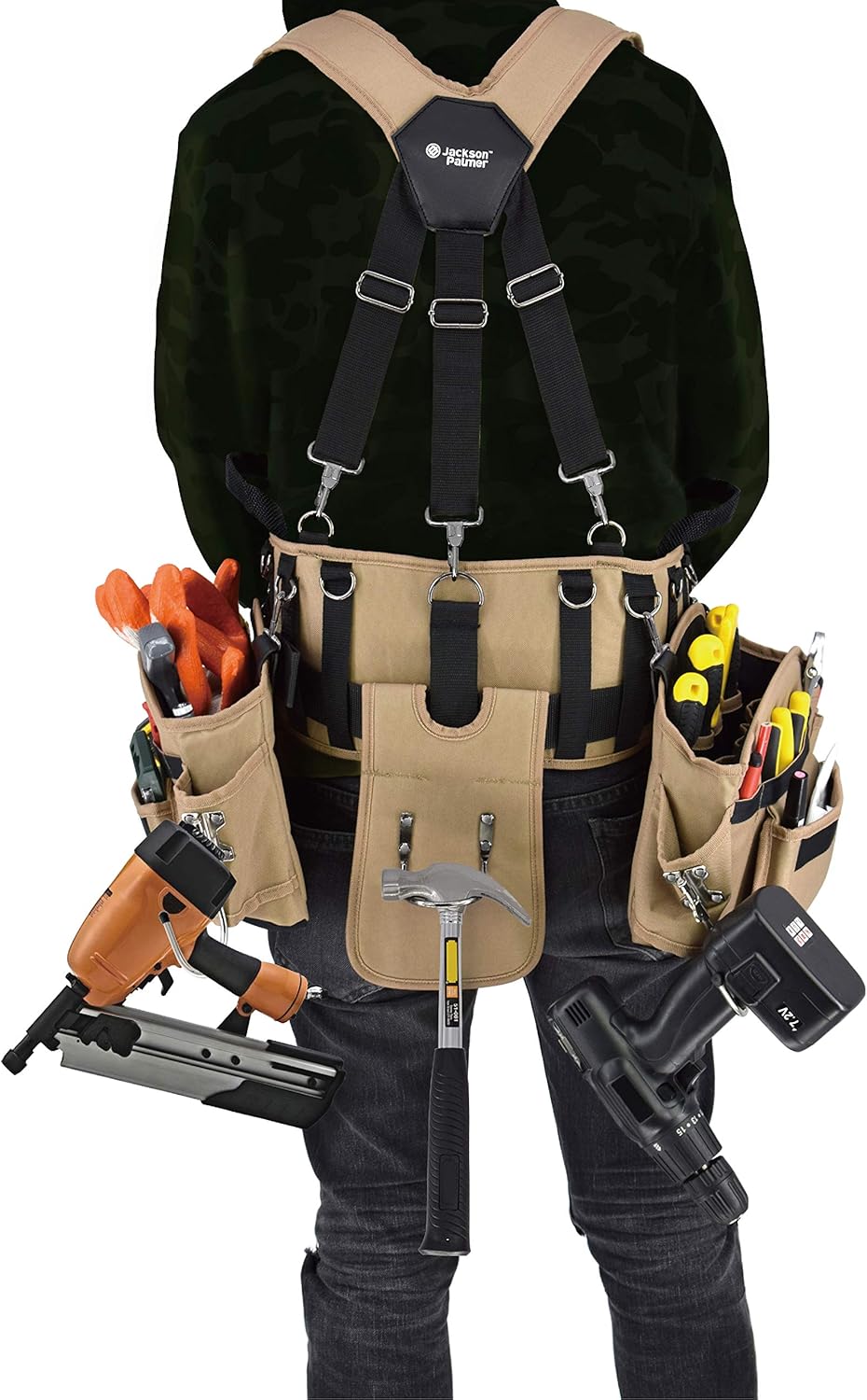 JACKSON PALMER Professional Comfort-Rig Tool Belt with Adjustable Suspenders (Detachable Pockets & 2 Power Tool Hooks)