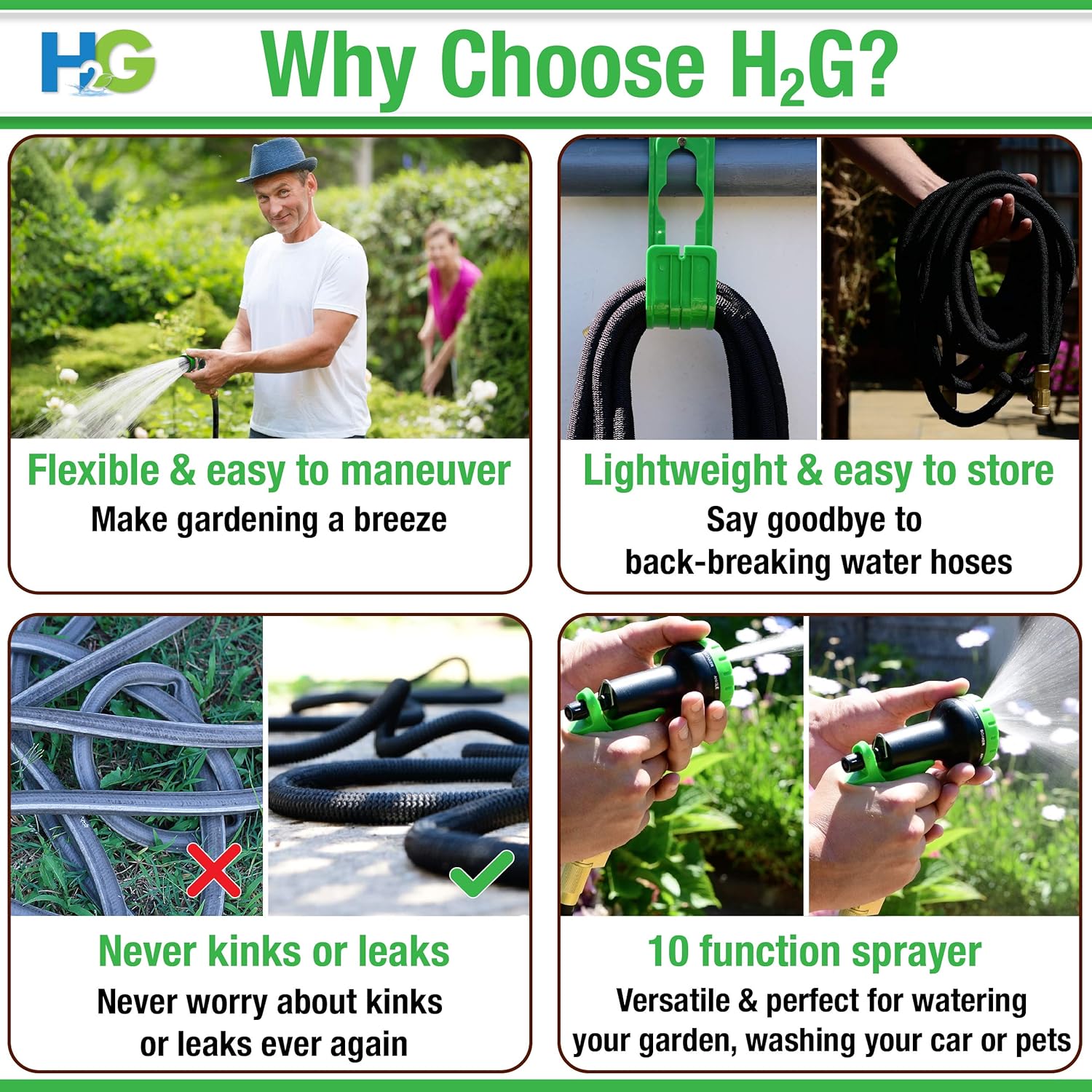 H₂G Collapsible Garden Hose 75ft | Superior Strength Expanding Lightweight Water Shrink Hose 75 ft | Expandable Non Kink Flexible Black Shrinking Flex Hose | 3/4 Brass Connectors | 10 Mode Sprayer Pack of 2