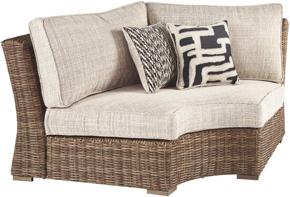 Signature Design by Ashley Beachcroft Farmhouse Outdoor Patio Wicker Curved Corner Chair, Beige