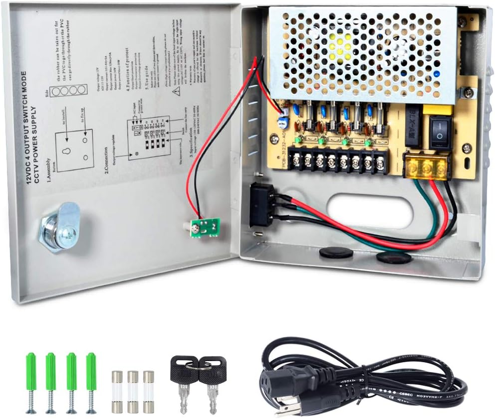 LETOUR DC Power Supply 9 Channel Port Output 12V 150W CCTV Electrical Box Distributed Power Supply Box with AC Power Line and Key (9CH 12.5A 150W) Pack of 2