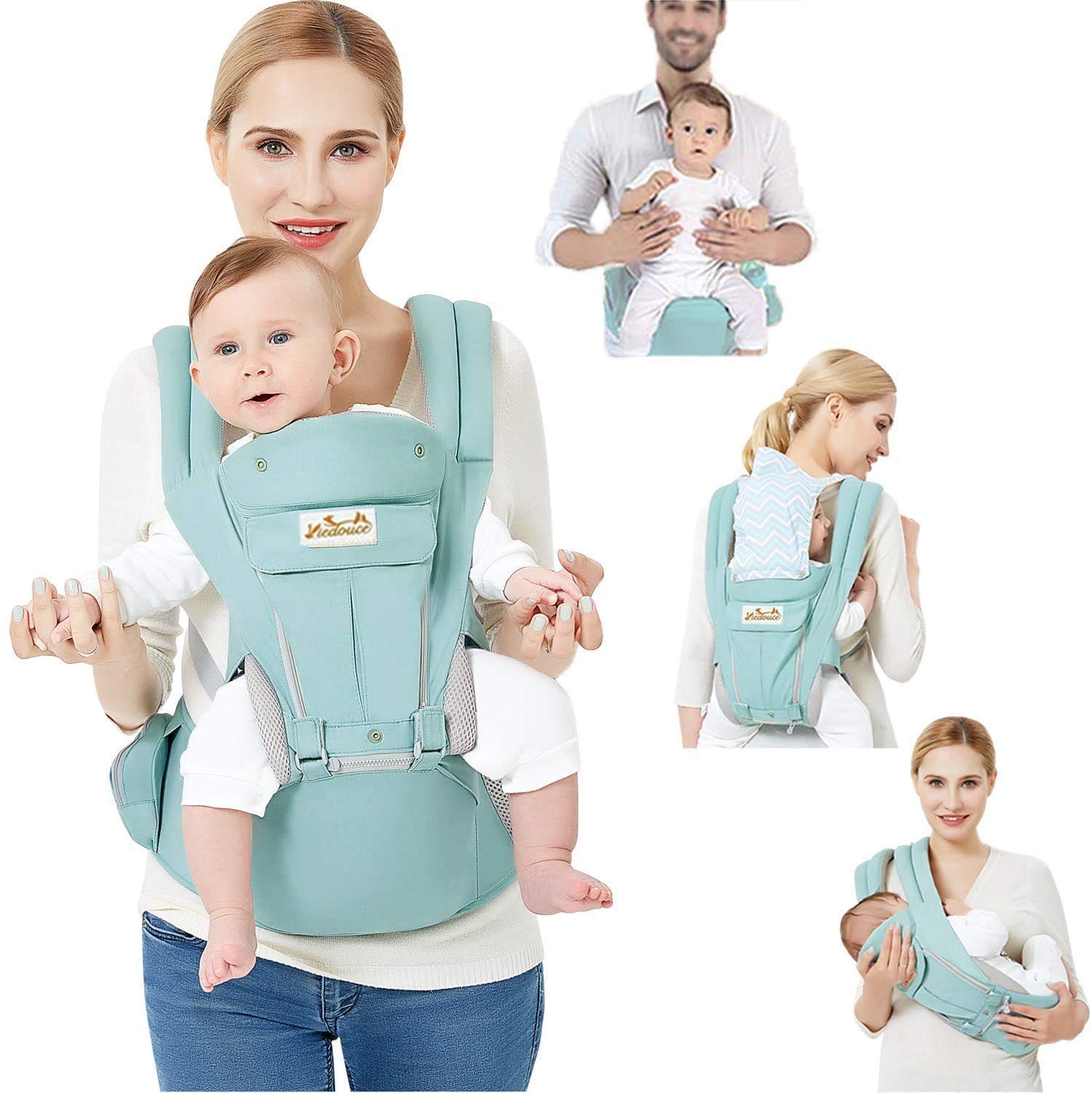 Viedouce Baby Carrier Ergonomic with Hip Seat/Pure Cotton Lightweight and Breathable/Multiposition:Dorsal, Ventral, Adjustable for Newborn and Toddler 3 to 48 Month (3.5 to 20 kg) Pack of 2