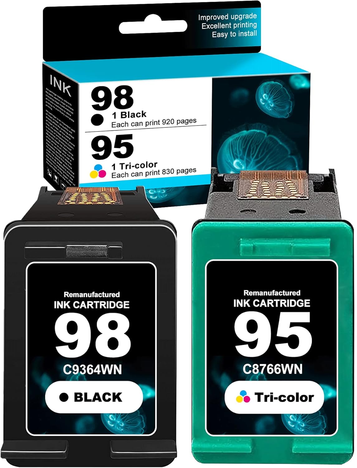 2 Pack Remanufactured Compatible 98 | C9364WN & 95 | C8766WN Ink Cartridge Replacement for HP Photosmart 8050 (Q6351A) C4150 (Q8111A) 2575 (Q7215A) C4180 (Q8110A) Printers.(1 Black + 1 Tri-Color) Pack of 2