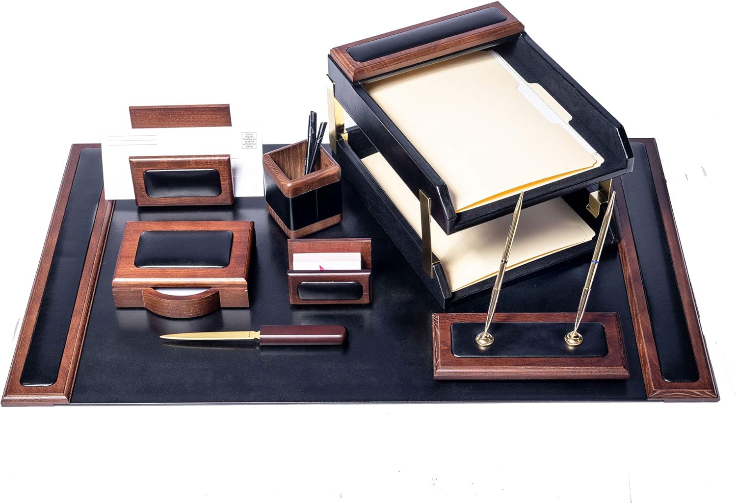 Dacasso Walnut and Black Leather Desk Set, 10-Piece