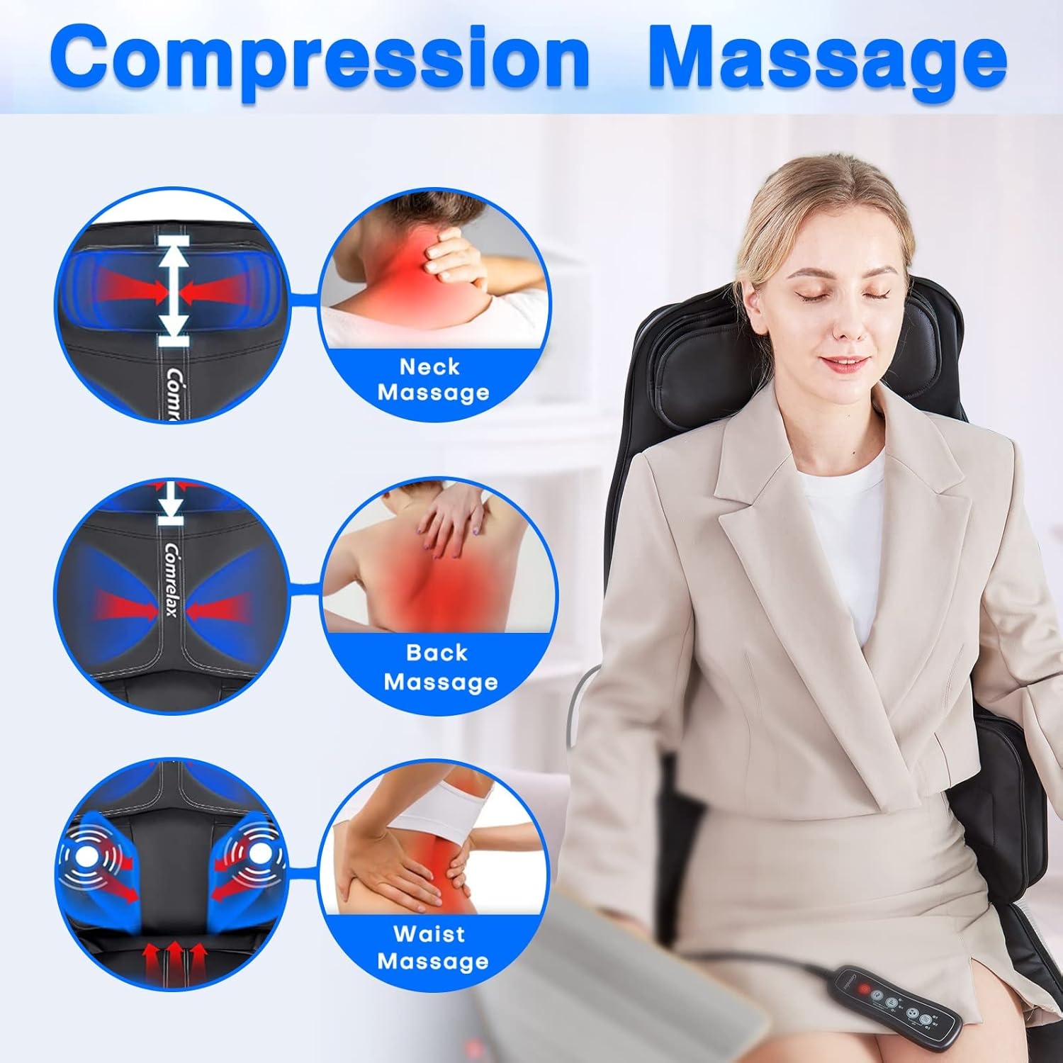 Back-Massager with Compression and Vibration, Height-Adjustable Seat Massager, Massage-Chair-Pad for Neck Back Waist Hip, Chair Massage Cushion Helps Relieve Pain and Fatigue, Office or Home Use