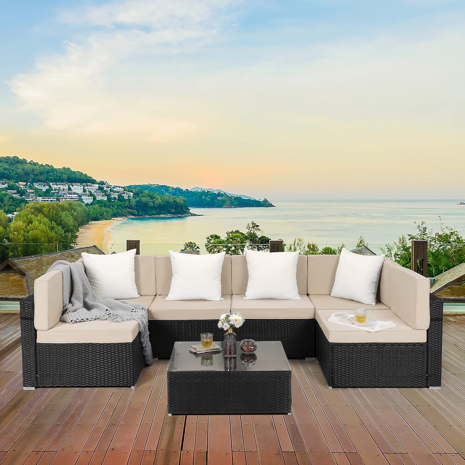 Pamapic 7 Pieces Patio Conversation Sets with fire Pit, Patio Furniture Sectional Sofa with Gas Fire Pit Table(Black Wicker,Beige Cushions)