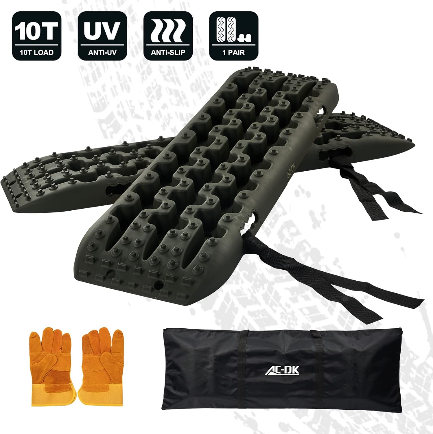 AC-DK Olive Recovery Traction Board 4X4, 10 Ton Track Mat Board with Black Bag & Gloves & Straps, Easy to Carry for Stuck in Soft Sand Mud Snow Over Ice Tire for Off-Road Jeep Truck Vehicle Board