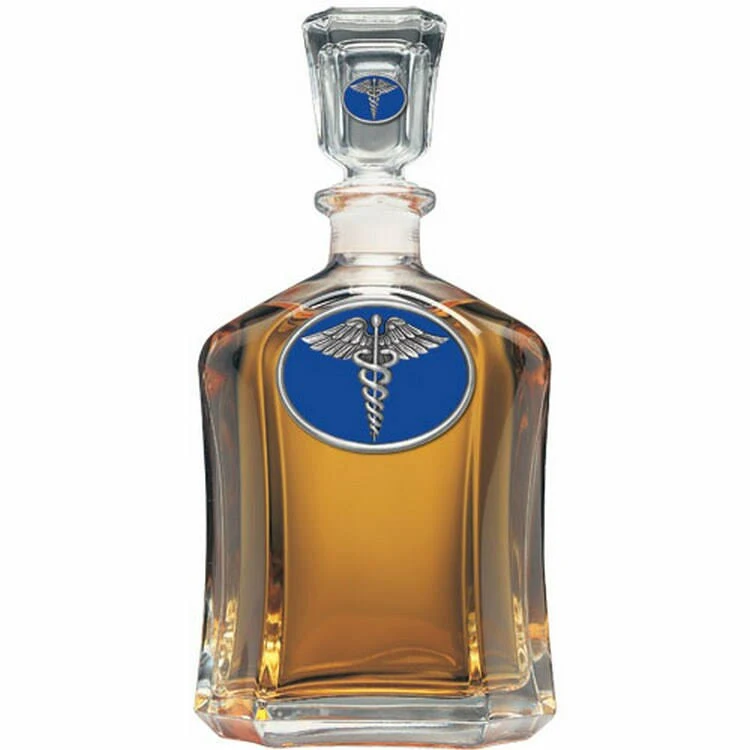 Caduceus Medical Symbol Blue Capitol Glass Decanter w/ Pewter Accents