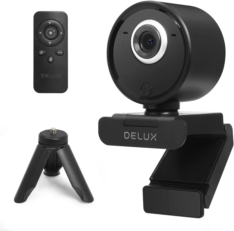 DELUX 1080P HD Webcam with Built-in Dual Microphone, AI Auto Tracking, Remote Control and Privacy Masking, Plug and Play Pro PC Web Camera for Zoom, Skype, Video Conferencing, Streaming(DC07-White)