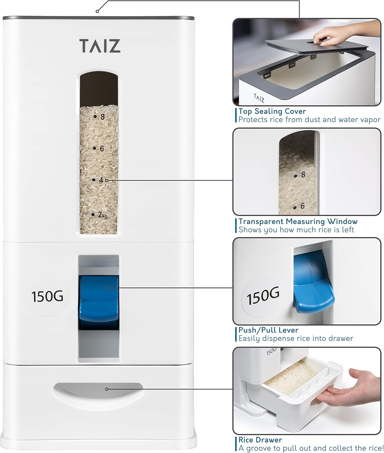 Taiz Rice Dispenser 25 pounds - Rice storage container 25 lbs, Japanese rice container storage 25lbs | Rice Holder, Rice Box, Kitchen Rice Storage Dispenser - Large Grain Dispenser MAX 26 lbs Capacity Pack of 2