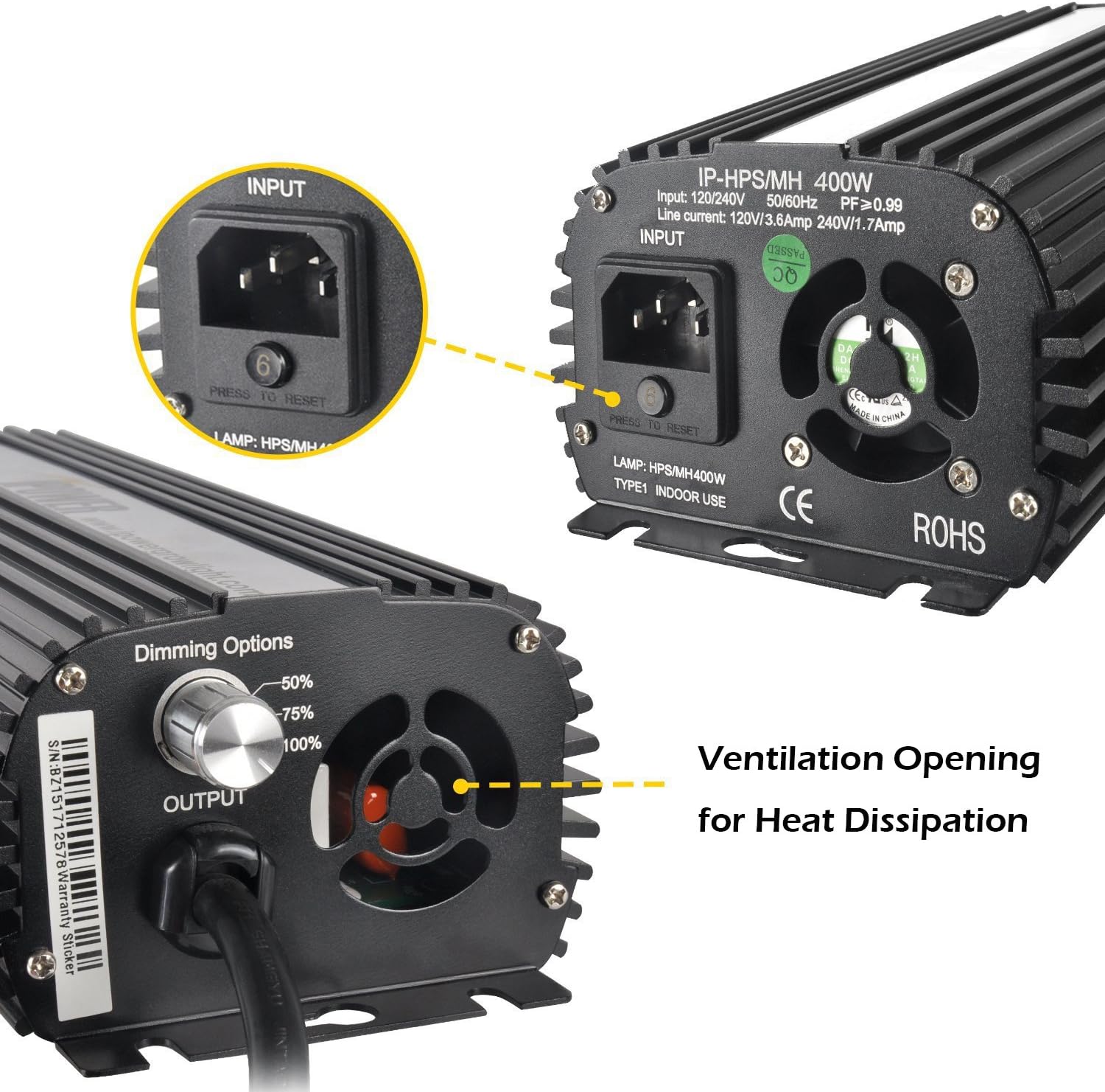 iPower GLSETX400DHMACDIGIT 400 Watt HPS MH Digital Dimmable Grow Light System Kits Air Cooled Reflector Hood Set