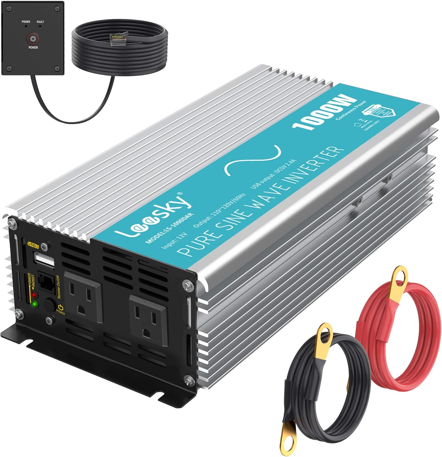 1000Watt Pure Sine Wave Power Inverter DC 12V to AC 110V 120V Power Converter Adapter with 2.4A USB Port & 2 AC Outlets Remote Controller for Truck Car & Emergency