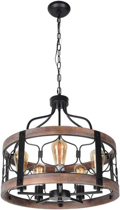 Bizinlumin Round Farmhouse Dining Room Chandelier, Wood Rustic Drum Chandelier Light Fixture Black Modern Industrial Metal Cage Living Room Foyer Pendant Light 5 Light Edison E26 BY19009