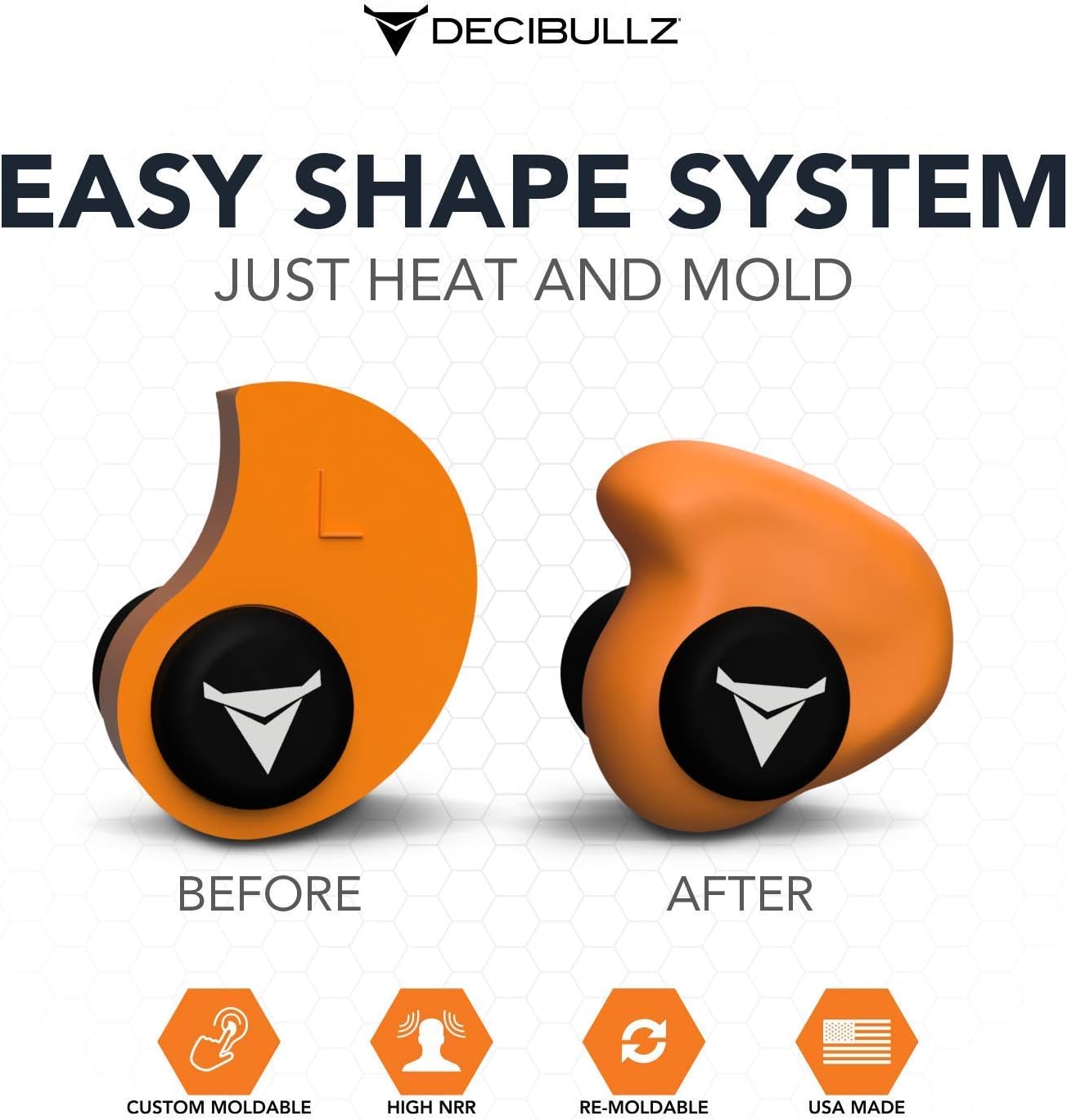 Decibullz - 25 Pairs Custom Moldable Earplugs Bulk Pack, 31dB Highest NRR, Comfortable Ear Protection for Safety, Work, Shooting, Individually Wrapped, Orange