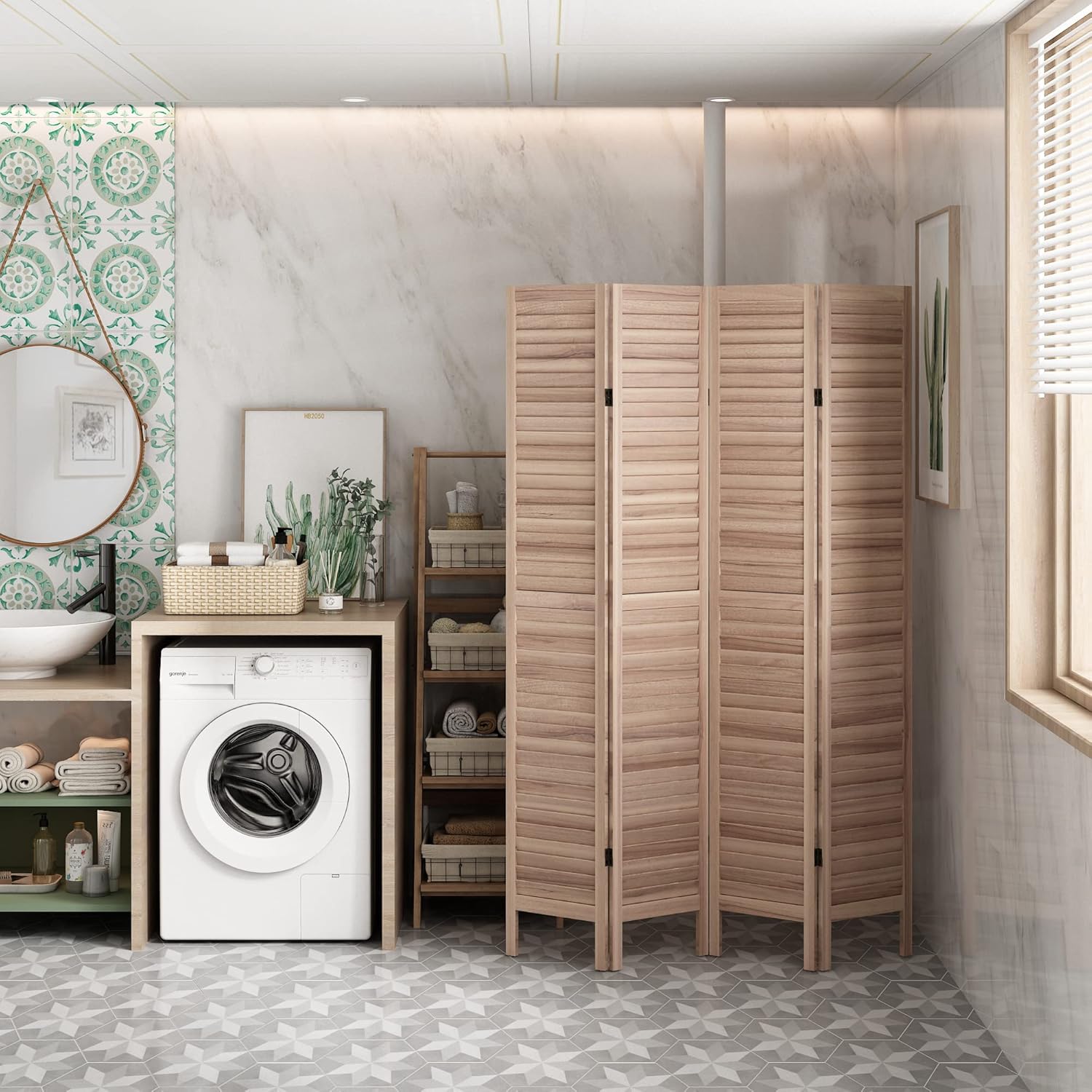 JAXSUNNY 4 Panel Wood Room Divider, Folding Privacy Room Screen Wall Dividers, Louvered Partition Room Divider-Define a Space, White Wash