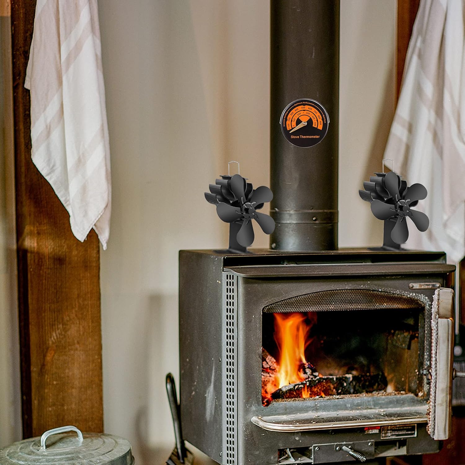 5 Blades Wood Burning Stove Fireplace Fan - Improved PYBBO Silent Motors Heat Powered Circulates Warm/Heated Air Eco Stove Fan for Gas/Pellet/Wood/Log Stoves with Magnetic Thermometer Pack of 2