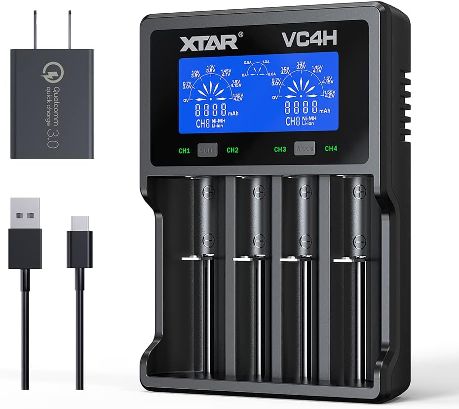 XTAR VC4H New VC4 VC4L LCD Universal 18650 Battery Charger for 3.7V Li-ion Rechargeable Battery 18650 21700 18350 17670 17500 16340 14500 and Ni-MH Ni-CD Rechargeable AA AAA Batteries (VC4H+QC3.0) Pack of 2