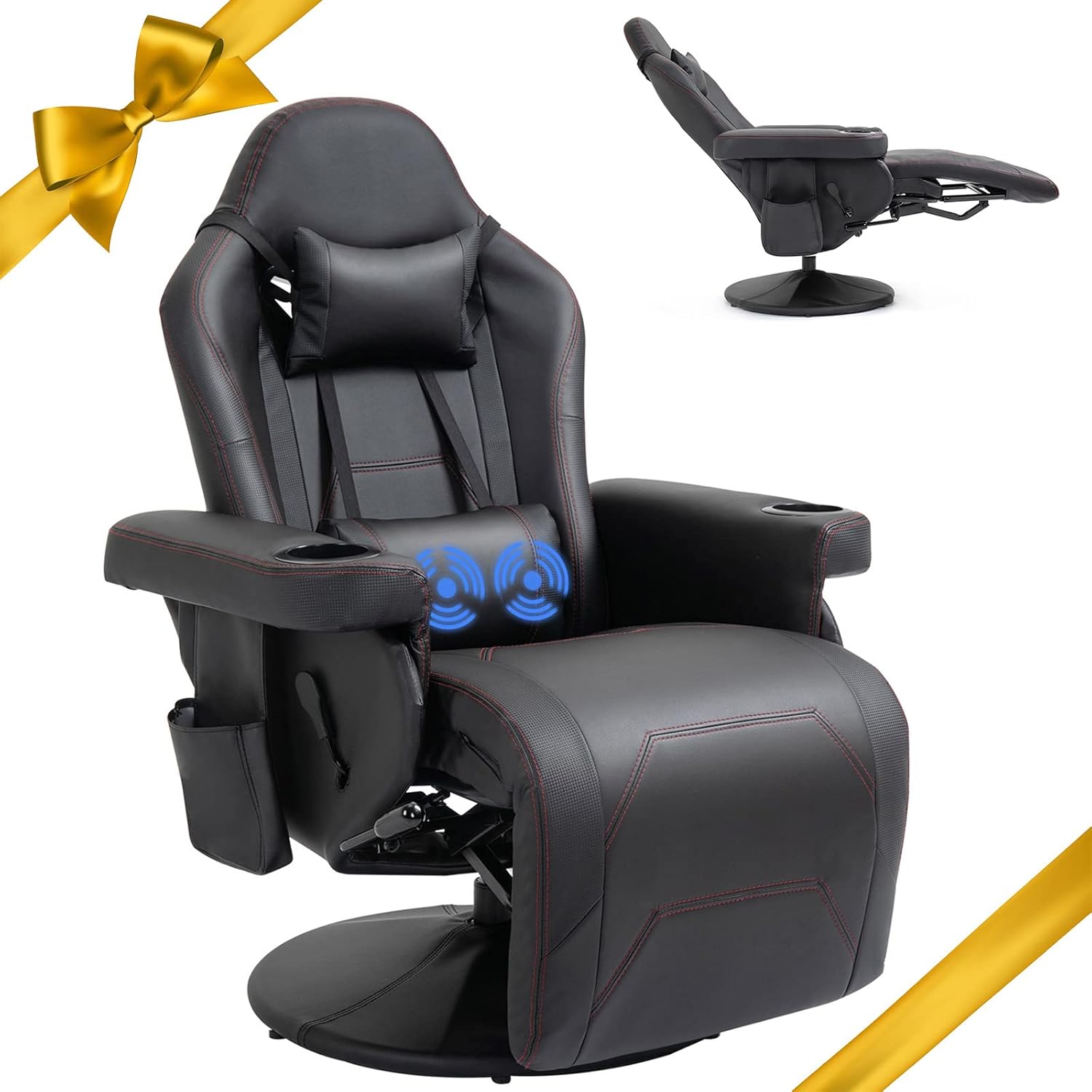 HOMHUM Office Chair Recliner Massage Gaming Reclining Chair for Adults, Fabric Racing Swivel Chair w/Adjustable Backrest and Footrest, Comfortable Ergonomic High Back Computer Chair, Grey
