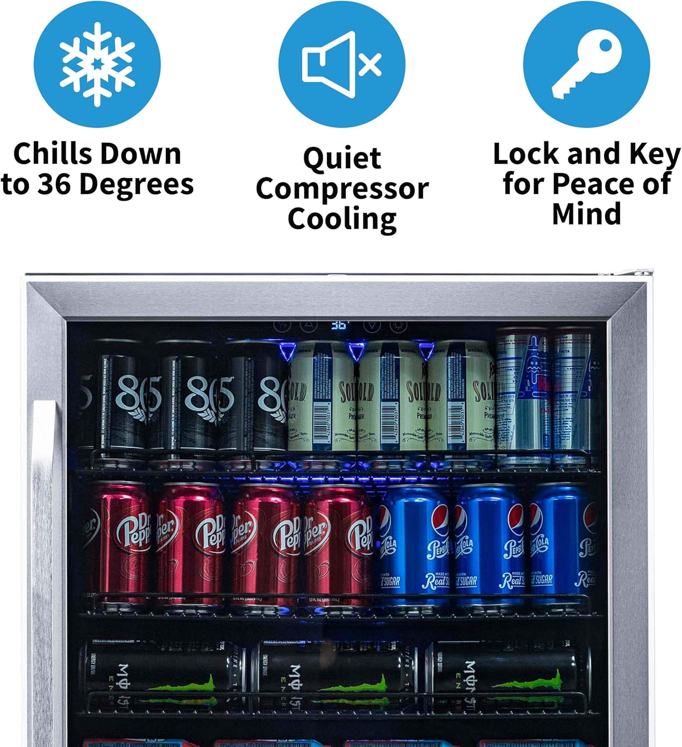 NewAir Large Beverage Refrigerator Cooler with 177 Can Capacity - Mini Bar Beer Fridge with Reversible Hinge Glass Door And Bottom Key Lock - Cools to 34F - Stainless Steel ABR-1770