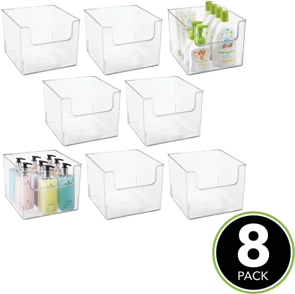 mDesign Plastic Open Front Bathroom Storage Organizer Basket Bin - for Cabinets, Shelves, Countertops, Bedroom, Kitchen, Laundry Room, Closet, Garage - 8 Pack - Clear