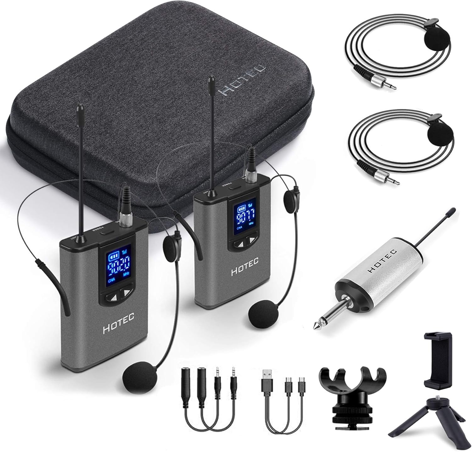 Hotec Wireless System with Dual Headset Microphones/Lavalier Lapel Mics and Bodypack Transmitters and One Mini Rechargeable Receiver 1/4
