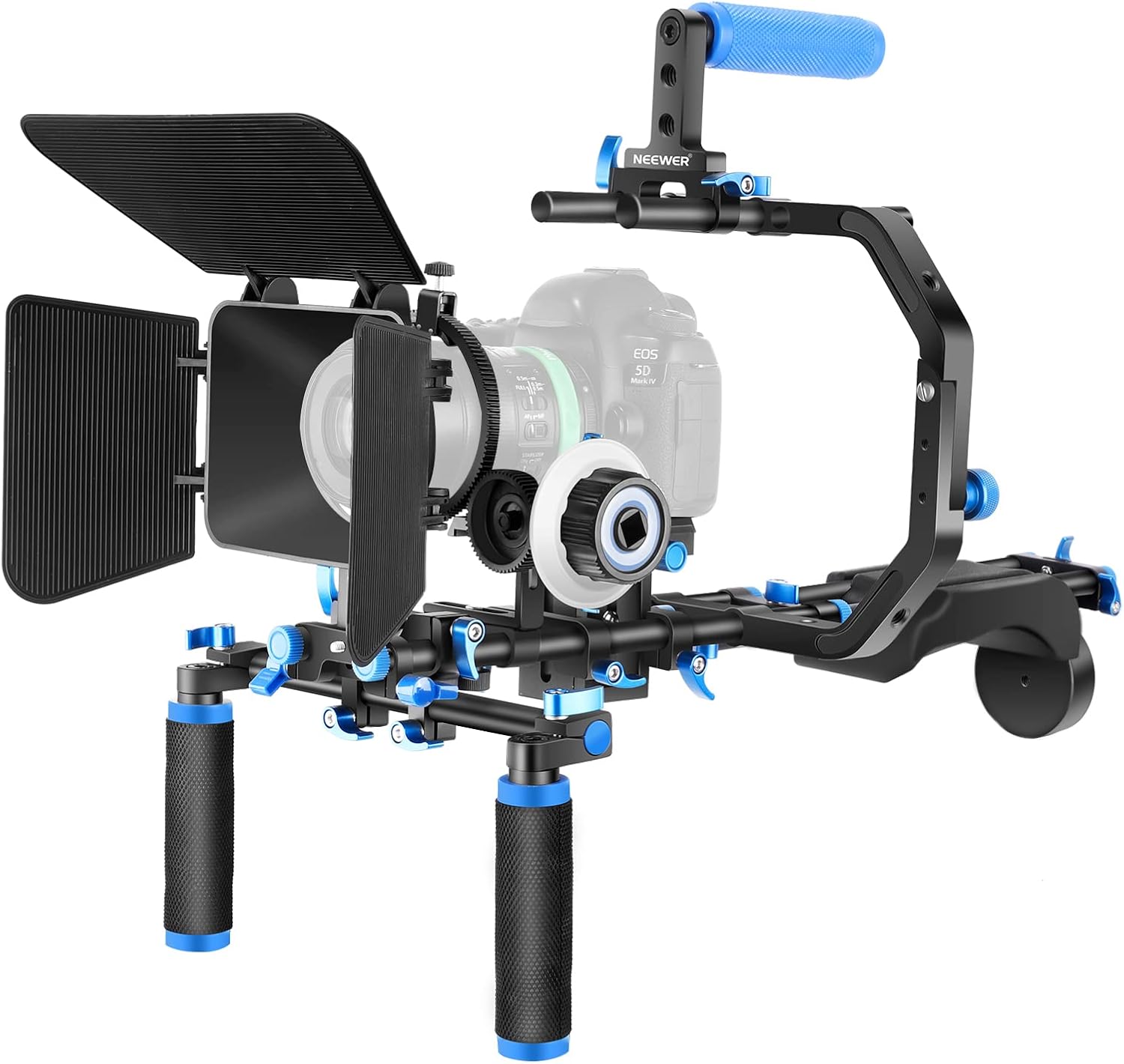 Neewer Shoulder Rig Kit for DSLR Cameras and Camcorders, Movie Video Film Making System with Matte Box, Follow Focus, C-Shaped Bracket, 15mm Rods, Handgrip, 1/4&rdquo; & 3/8&rdquo; Threads (Blue + Black)