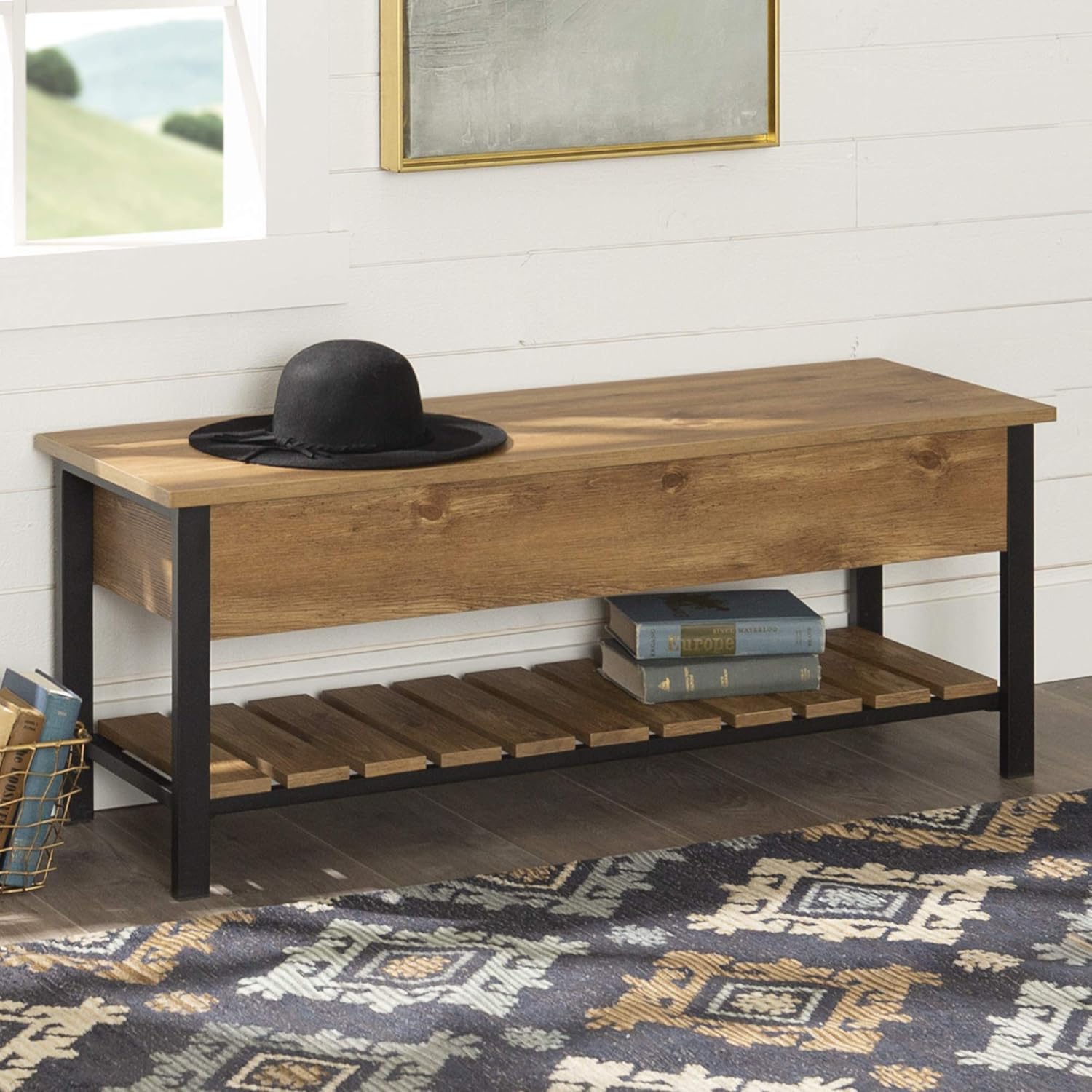 Walker Edison Julian Rustic Farmhouse Lift Top Entry Bench with Bottom Rack, 48 Inch, Dark Walnut