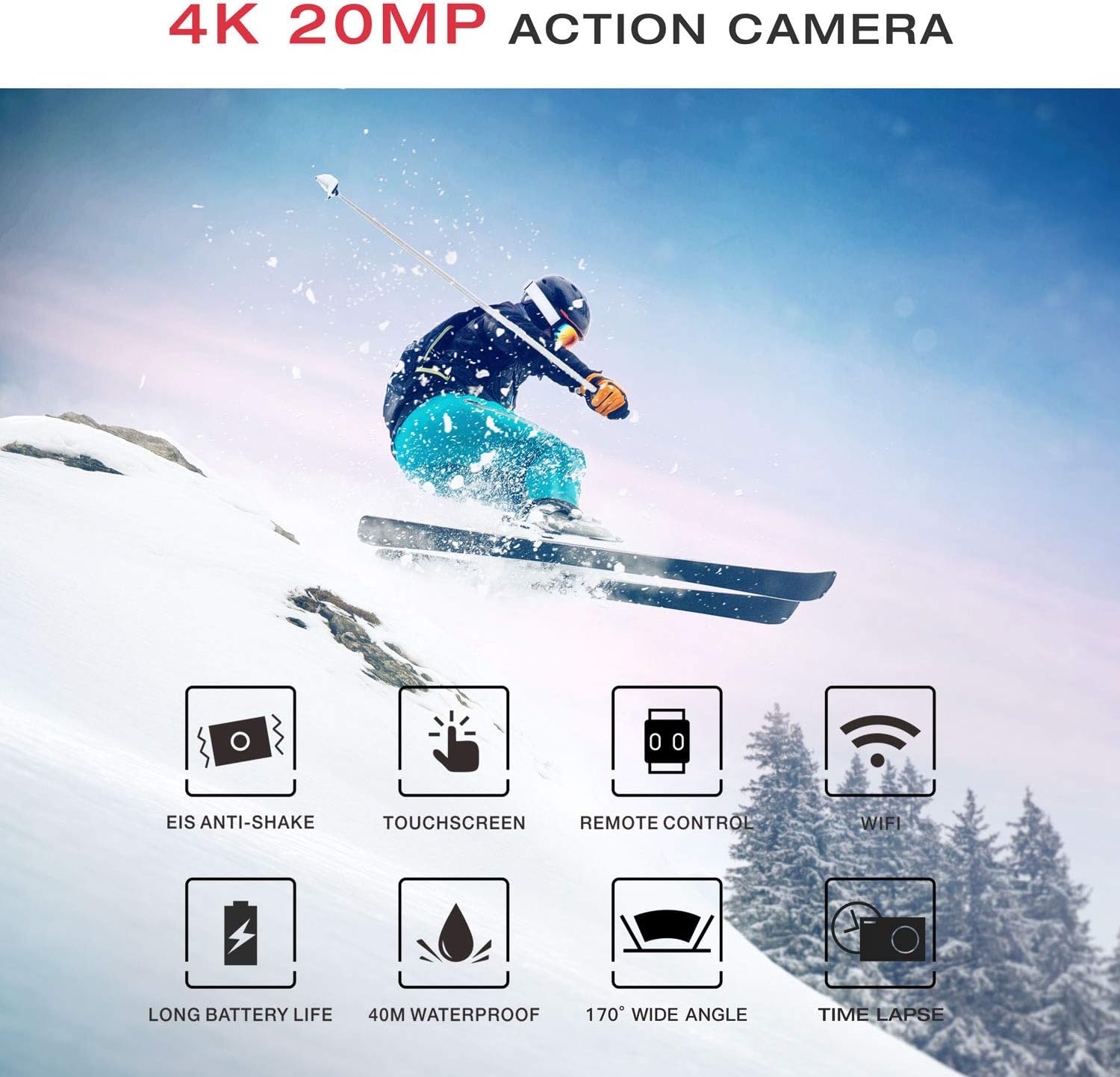 【Upgrade】 Action Camera Native 4K ACTMAN X20C Ultra HD 20MP Waterproof Camera with EIS Support External Mic Touch Screen Remote Control 131ft Underwater Camcorder with 2 Batteries and Accessories