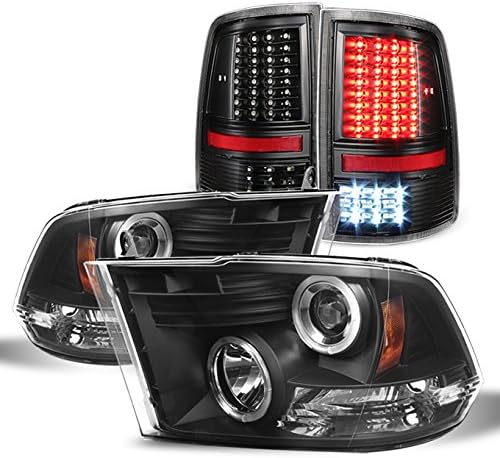 AKKON - For 2009-2018 Dodge Ram 1500 2500 3500 Black Halo Projector Headlights Pair + Black LED Tail Lights Left+Right Combo