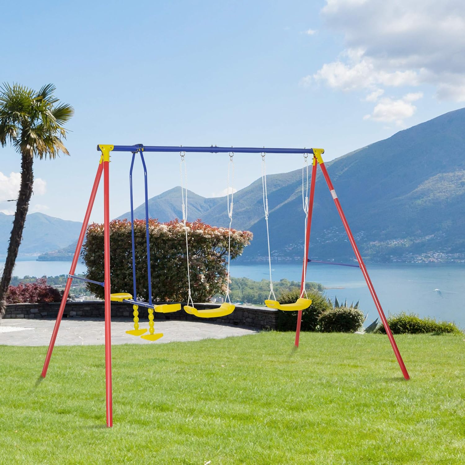 Outsunny Kids Swing Set w/ 2 Seats Glider Adjustable Hanging Rope for Backyard, 3-5 Years